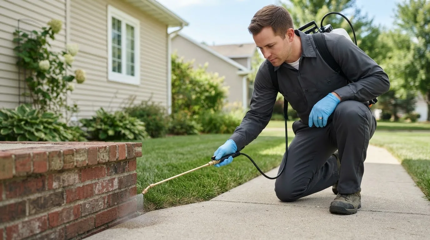 Pest control technician treating a home near Waurika, OK