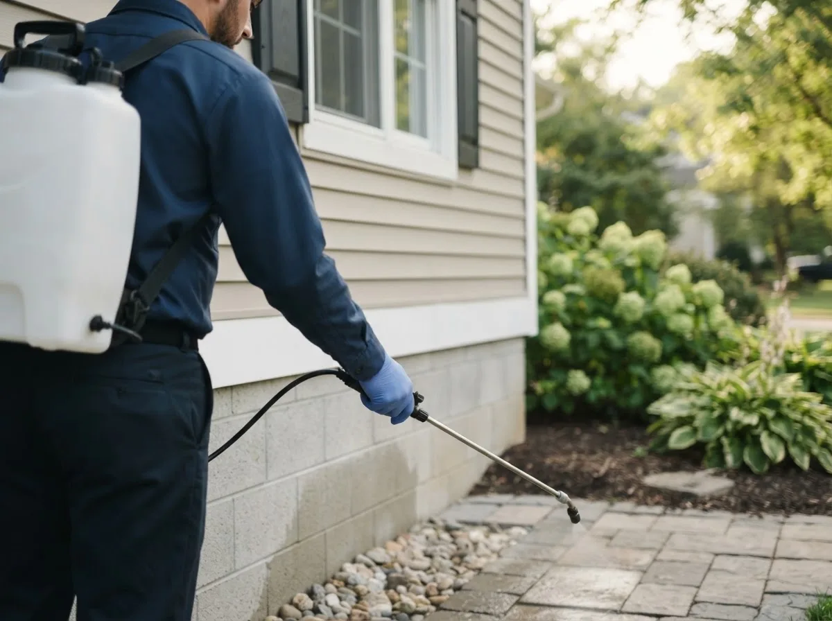 Pest control technician inspecting a home in Waurika, OK